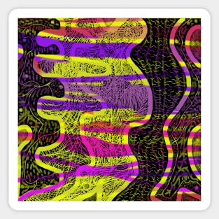 Jungle Fever. An abstract design with a tribal feel. Swirls, lines and patterns in hot pink, purple and yellow on a black background. Sticker